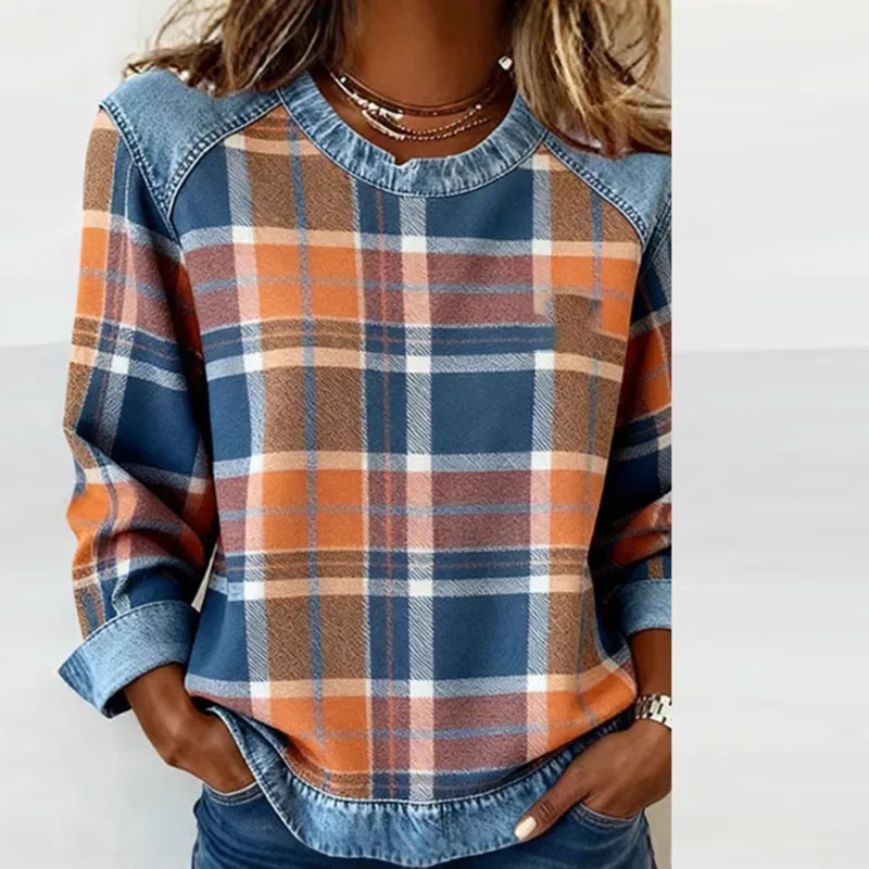Y2K Clothes Sexy Round Neck Patchwork Woman Sweatshirts Casual Plaid Print Loose Tops Pullover Spring Autumn Long Sleeve Hoodies