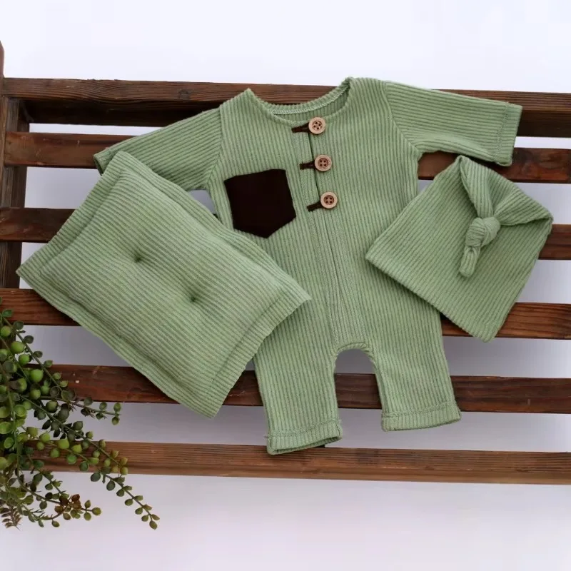 3pcs/sets Baby Photography Clothing Soft Knitted One-piece Trousers Single Hat and Mini Pillows Decor Studio Photoshoot Outfits