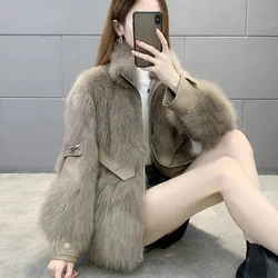 New Fashion Women's Winter Korean Faux Fox Fur Coat Female Round Neck Appear Thin Loose Integrated Fur Short Jacket Overcoat