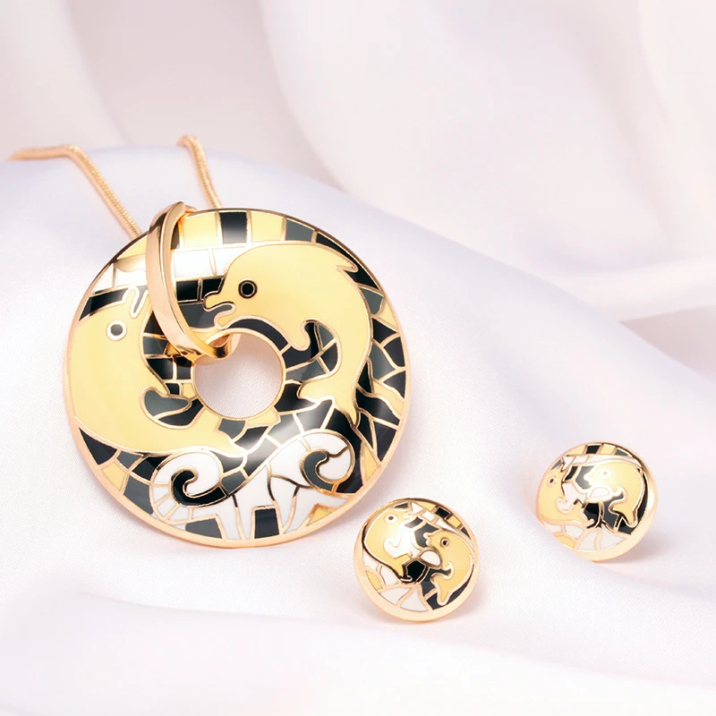 R&X  Engagement Necklace/Earrings Trendy Gift Sieraden Sets S22101 Stainless Steel Enamel Jewelry Necklace Set Women Anniversary