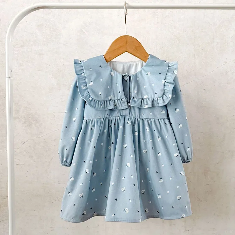 2025 New Autumn Children Clothes 1-5Yrs Girl Party Dress Long Sleeves Corduroy Flower Print Kids Princess Dresses