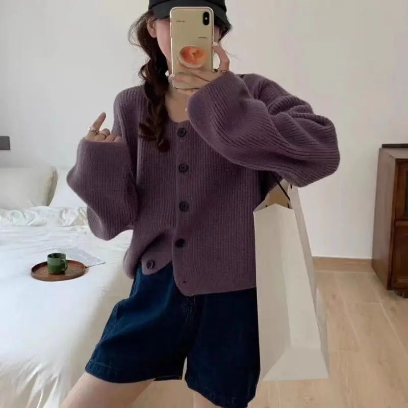 

Korean Long Sleeve Sweaters Autumn Winter Solid Color All-match Female Clothing Casual O-Neck Single-breasted Knitted Cardigan