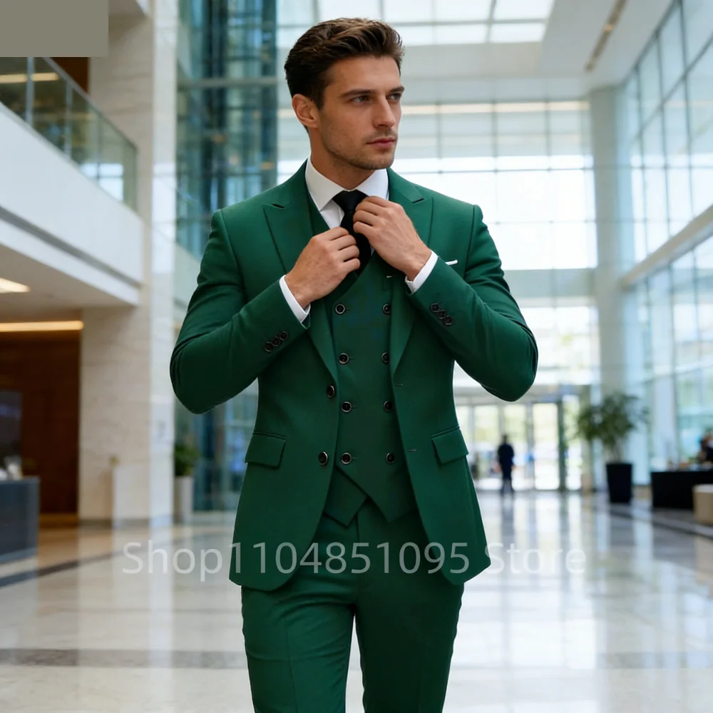 

Formal Jacket Vest Pants 3Pcs Elegant Green Wedding Suit for Men Slim Fit Peak Lapel Blazer Best Man Groom Suit Male Tuxedo Set