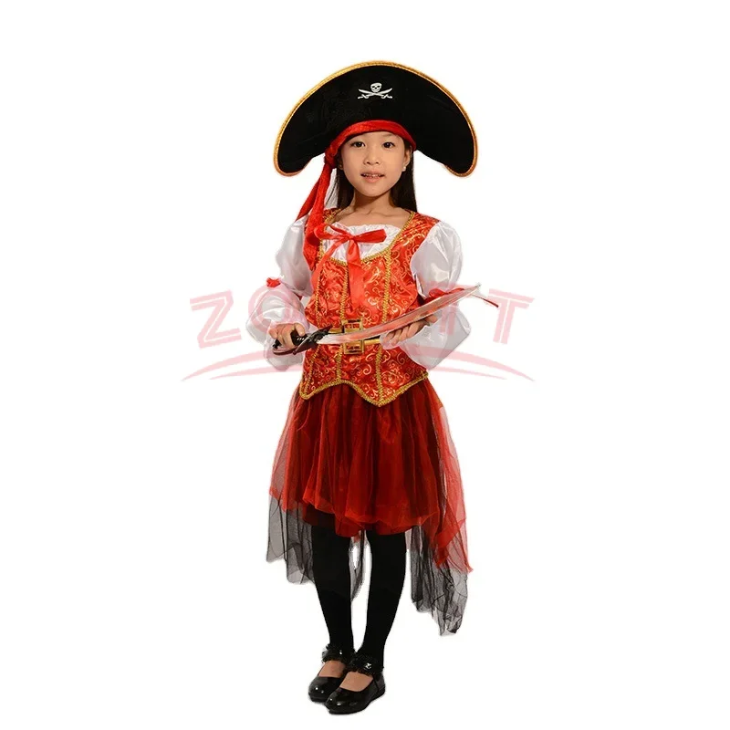 

FC6Kid's Caribbean Pirate Captain Cosplay Costumes Rayon Silk Red Top Skirt Hat Belt 4 Pcs Set Halloween Cosplay Costumes@FC8！