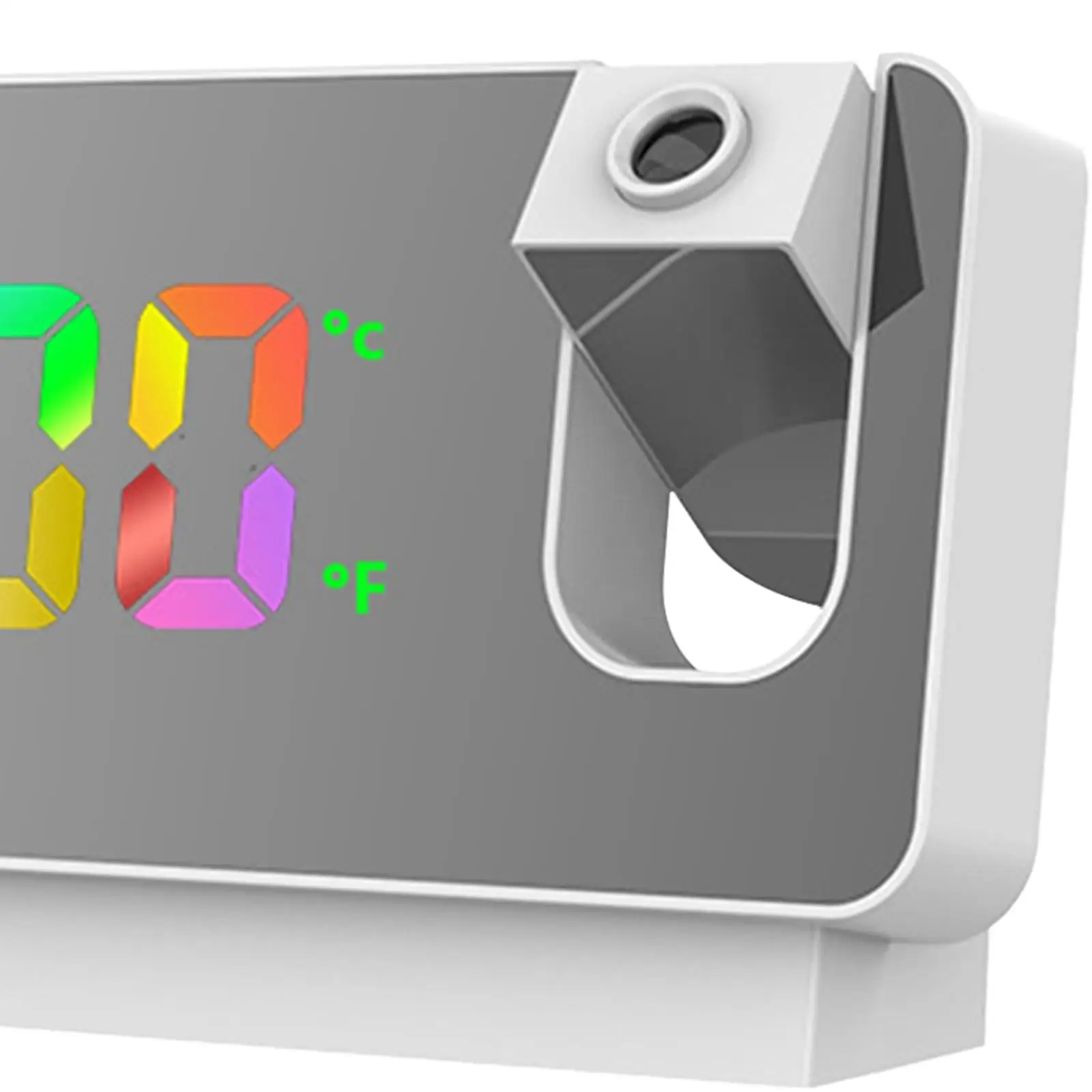Digital projection alarm clock by the bed, large mirror, LED display,