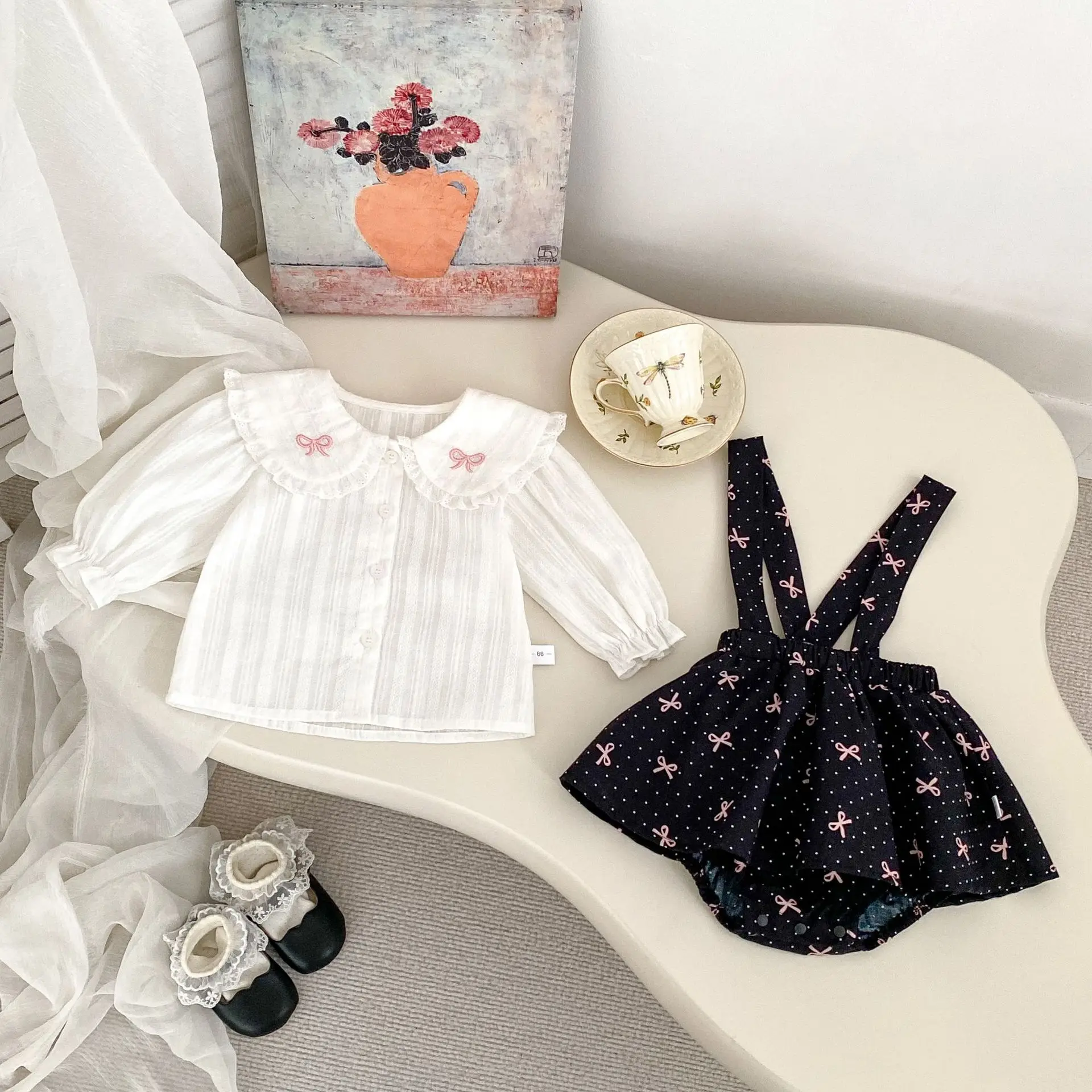 Baby Girl Spring Clothes Cute Bow Long-sleeved Doll Shirt Fart Pants Set Versatile Straps Romper Skirt