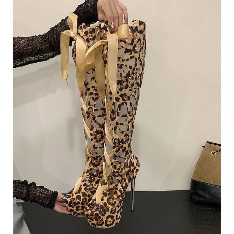 Eilyken Street Style Hollow Thin High Heels Women Knee-High Boots Sandals Zipper Shoes Sexy Stripper Zapatos De Muje