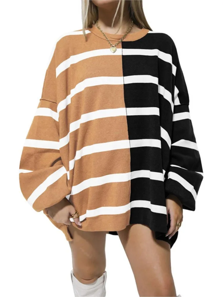 

Women Sweatshirt Colorblock Striped Women's Sweatshirt Knitted Pullover For Autumn Wear Tops With Round Neck Casual Clothing