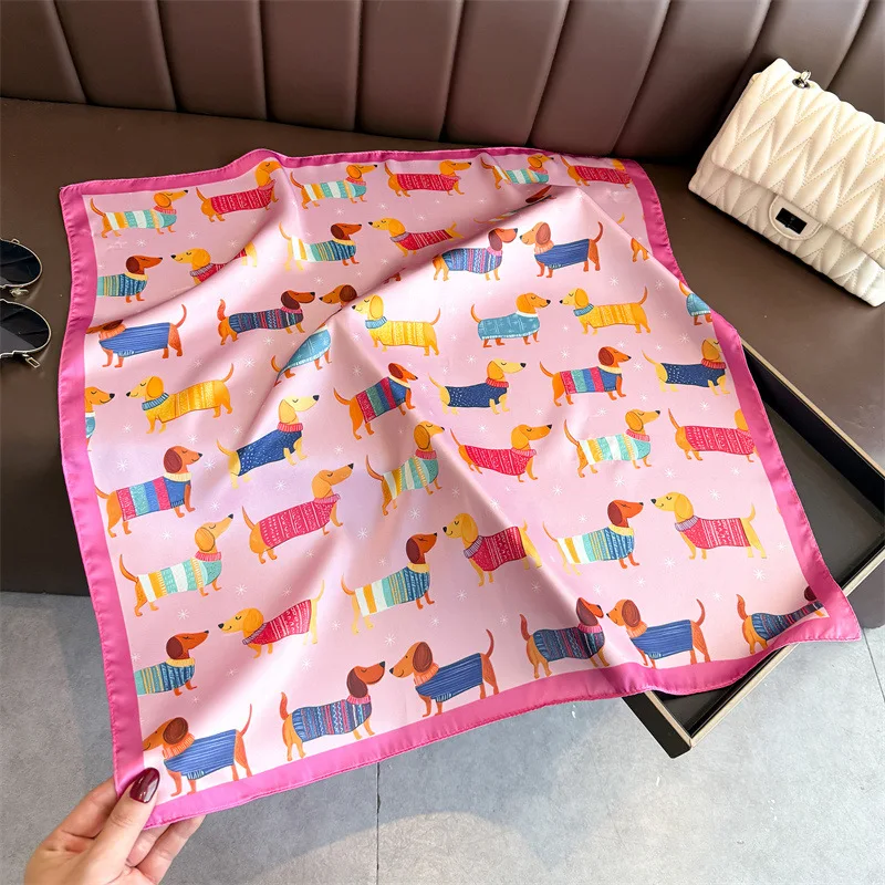 Cute Dog Print Square Silk Scarf for Women Hijab Hair Bands Neckerchief Female Satin Shawl Ribbon Headband Fashion Wraps Bandana image 2