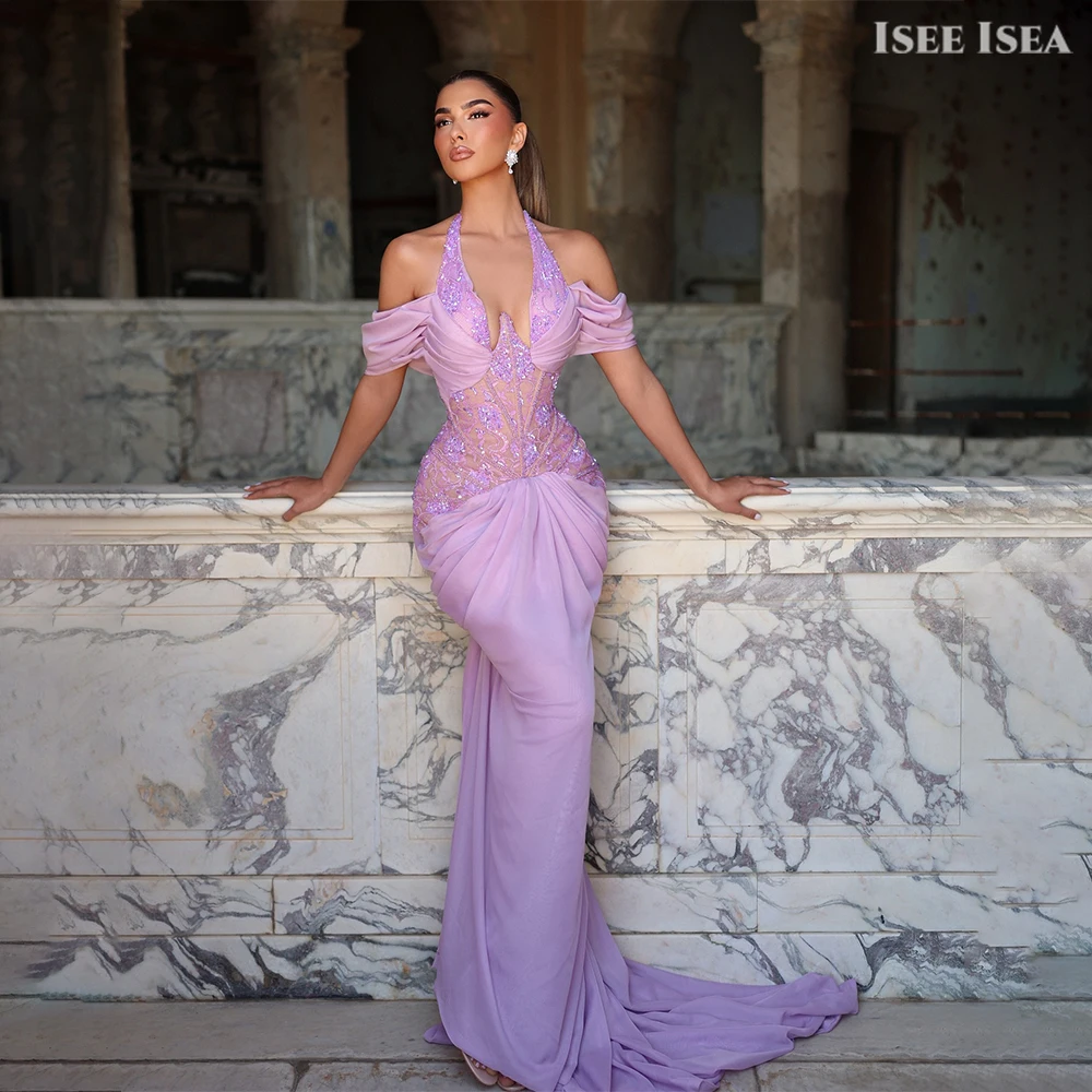 

Purple Mermaid Evening Dresses With Lace Appliques Sexy Beaded Formal Occasion Halter فساتين سهرة Prom Gown Customized