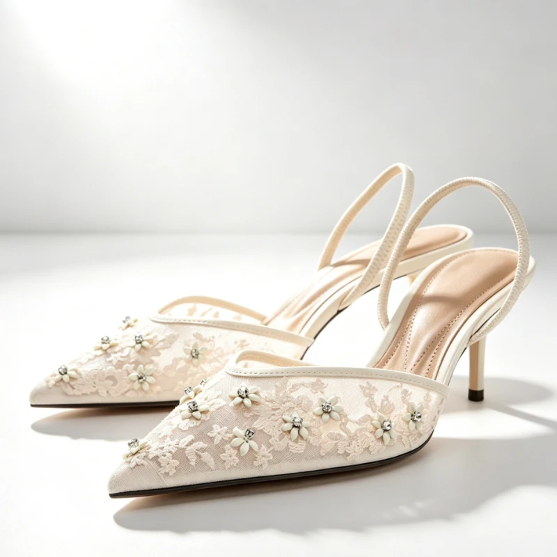 Luxury Mesh Embroidery Detail Stiletto High Heels for Women Fashion Back Strap Design Sandals Sexy Pointed Toe Ladies Shoes 2026