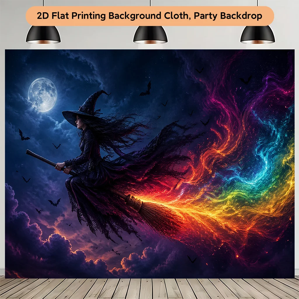 Witch Flying Broomstick Rainbow Magic Smoke Moon 2D Flat Tapestry Backdrop For Halloween Party Decor Gothic Wall Hanging Art