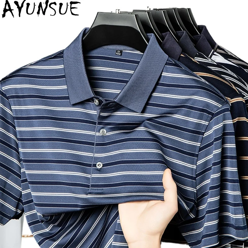 

AYUNSUE Роскошная мужская футболка-поло из 100% натурального шелка тутового шелкопряда, высококачественные мужские поло с отложным воротником, модные поло в полоску для мужчин