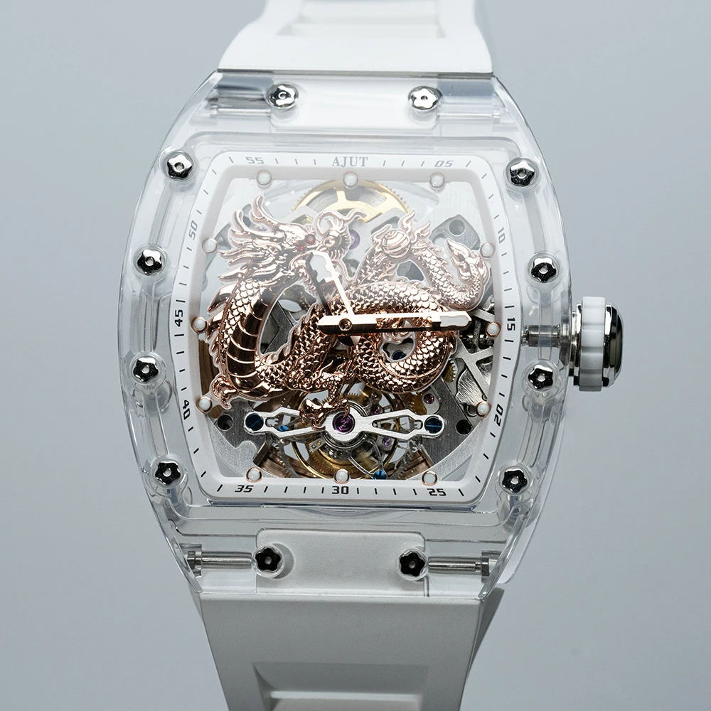 AJUT Crystal Automatic Tourbillon Movement Men Watch Dragon Dial Transparent Flying Tourbillon Mechanical Watches For Man 0571