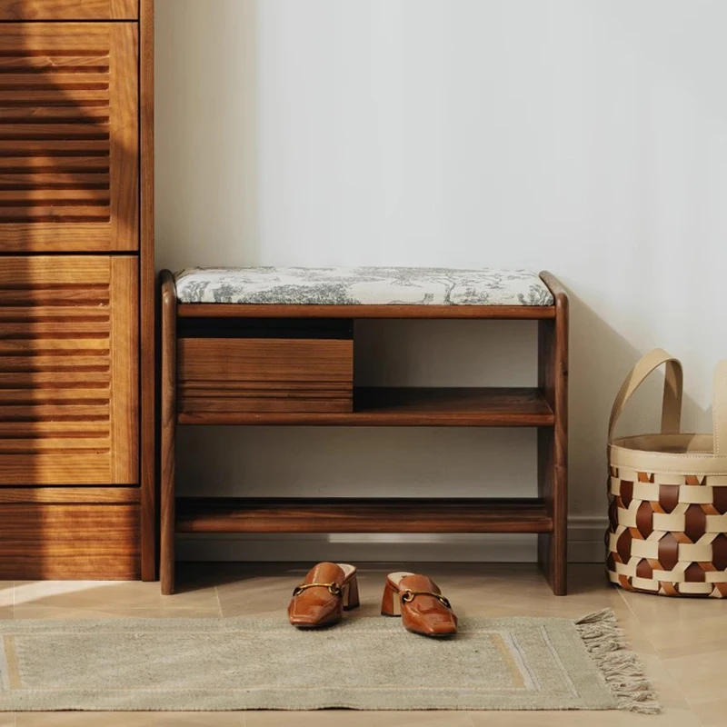 

Wooden Minimalist Shoe Stool Retro Drawer Makeup Designer Shoe Stool Shelf Cushion Bedroom Modern Multifunction Furniture