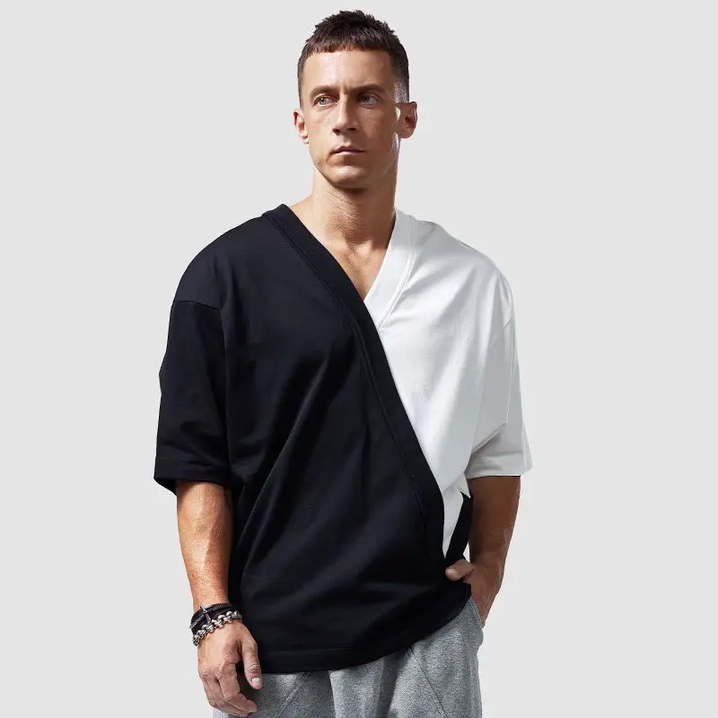 Chinese Style Retro Short Sleeve Men V Neck Sweatshirt Cotton Summer Black White Spliced Loose 2xl Oversized Clothing Casual Top