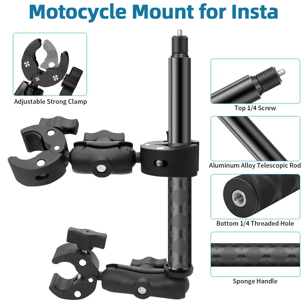 Motorrad-Halterungskit für Insta360 X5 X4 X3 X2 RS DJI GoPro Doppelklemme Lenker-Selfie-Stick für Insta 360 Halterungszubehör – Detail 8