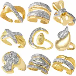 FLOLA Statement Gold Silver Color Geometric Rings for Women Adjustable Heart Bow Rings Copper Jewelry Gifts rigk79