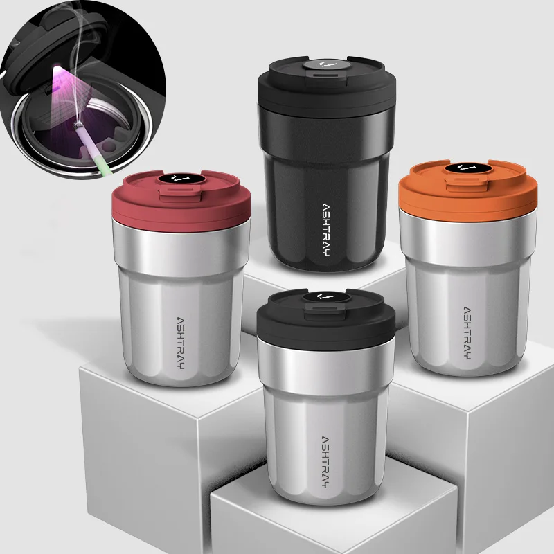 

New Car Ashtray Creative Coffee Cup Style Car Ashtray with Lid 7 Color LED Light Metal Lining & ABS Shell Garbage Storage Cup