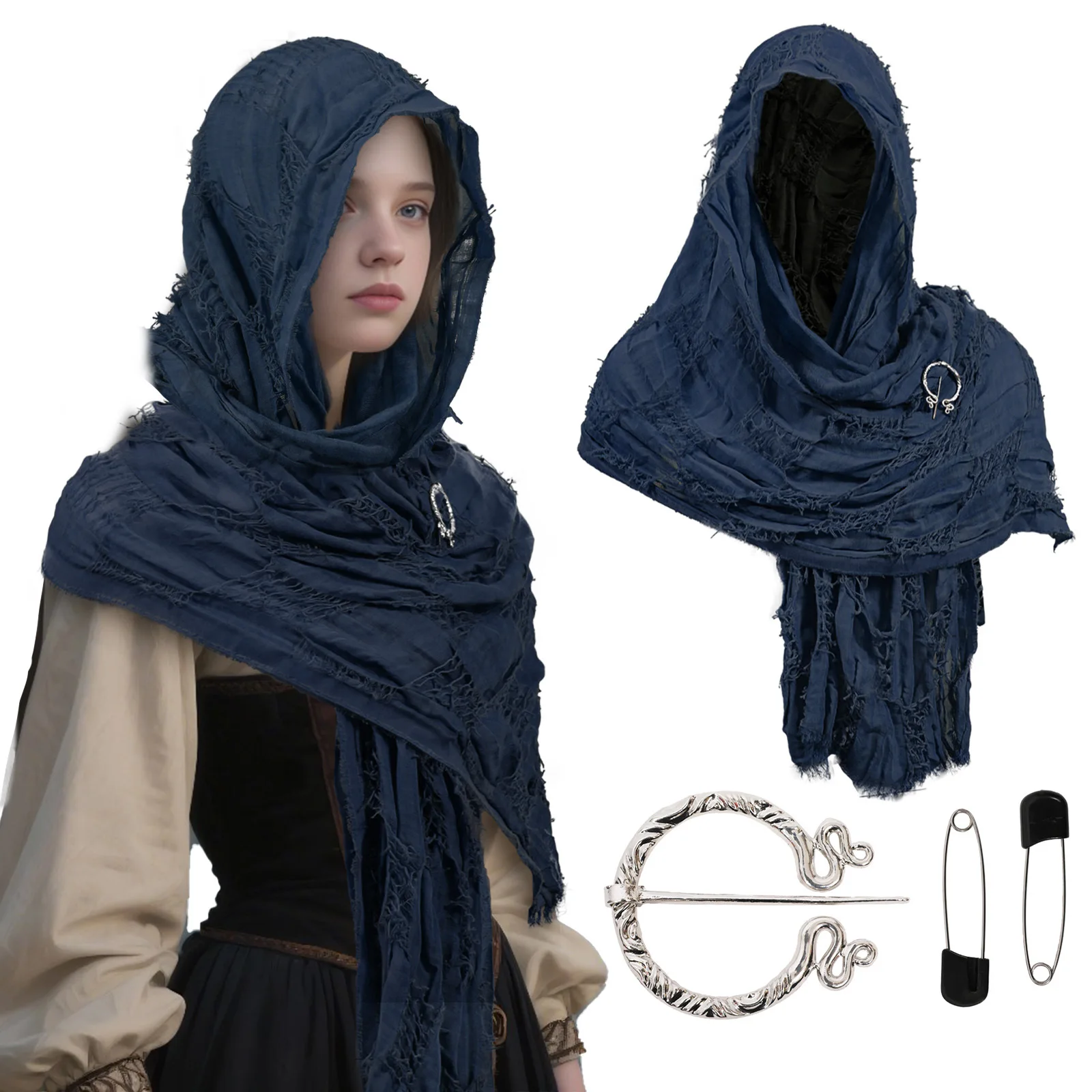 Medieval Cloak Renaissance Costume Cape Wrap Dune Wasteland Hooded Shawl with Viking Brooch Cowl Scarf Rogue Performance Costume