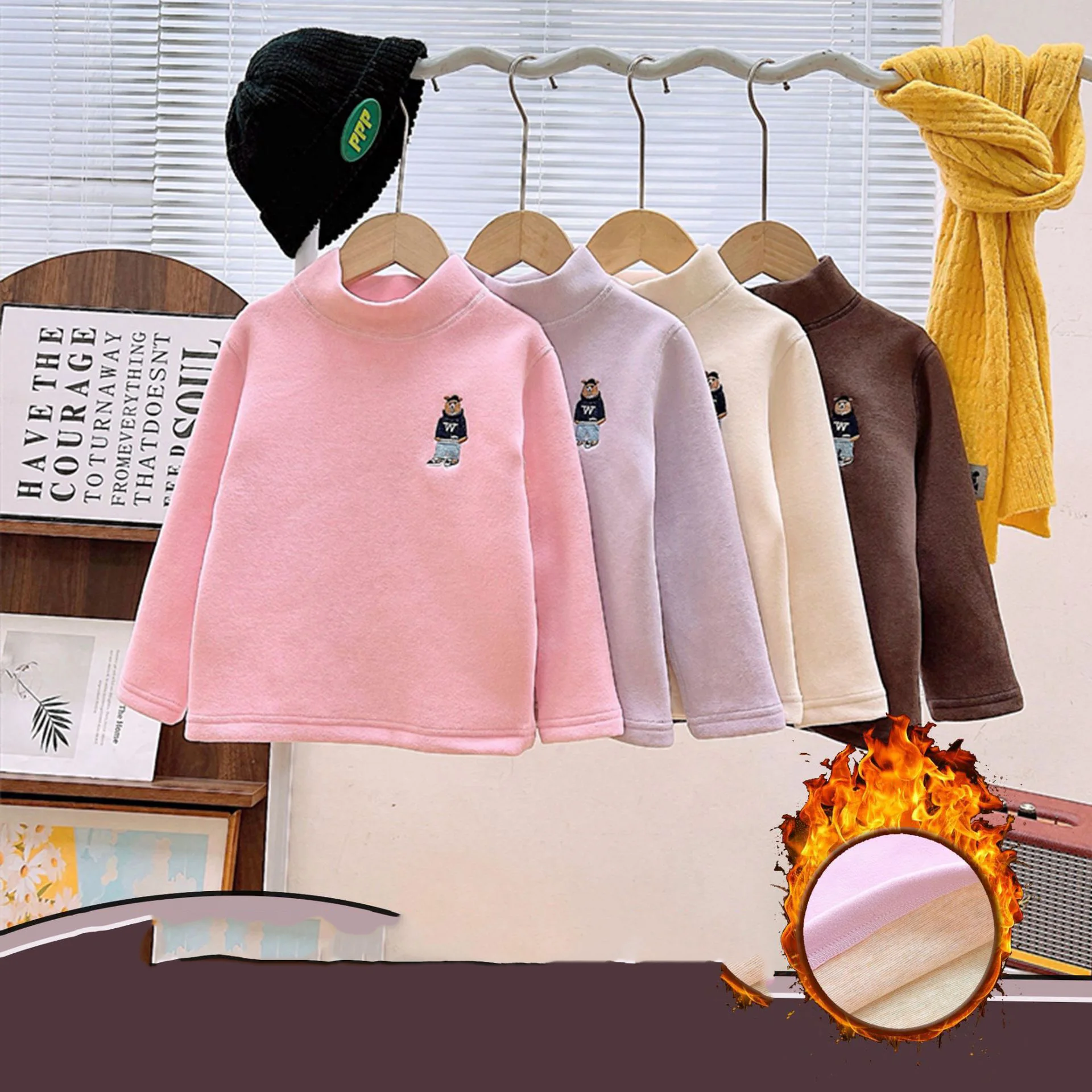 

Autumn Winter Baby Girl Undershirts Bear Print Turtleneck Toddler Kid Girl Bottom Top Loose Fleece Thick Little Girl Basic Shirt