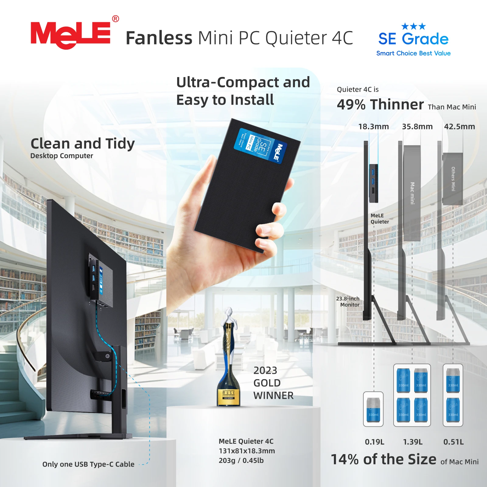 MeLE SE Grade Quieter 4C Fanless Mini PC N150 8GB 128GB Windows 11 Pro USB-C PD3.0,Triple 4K Display, 0dB Silent, Compact Design