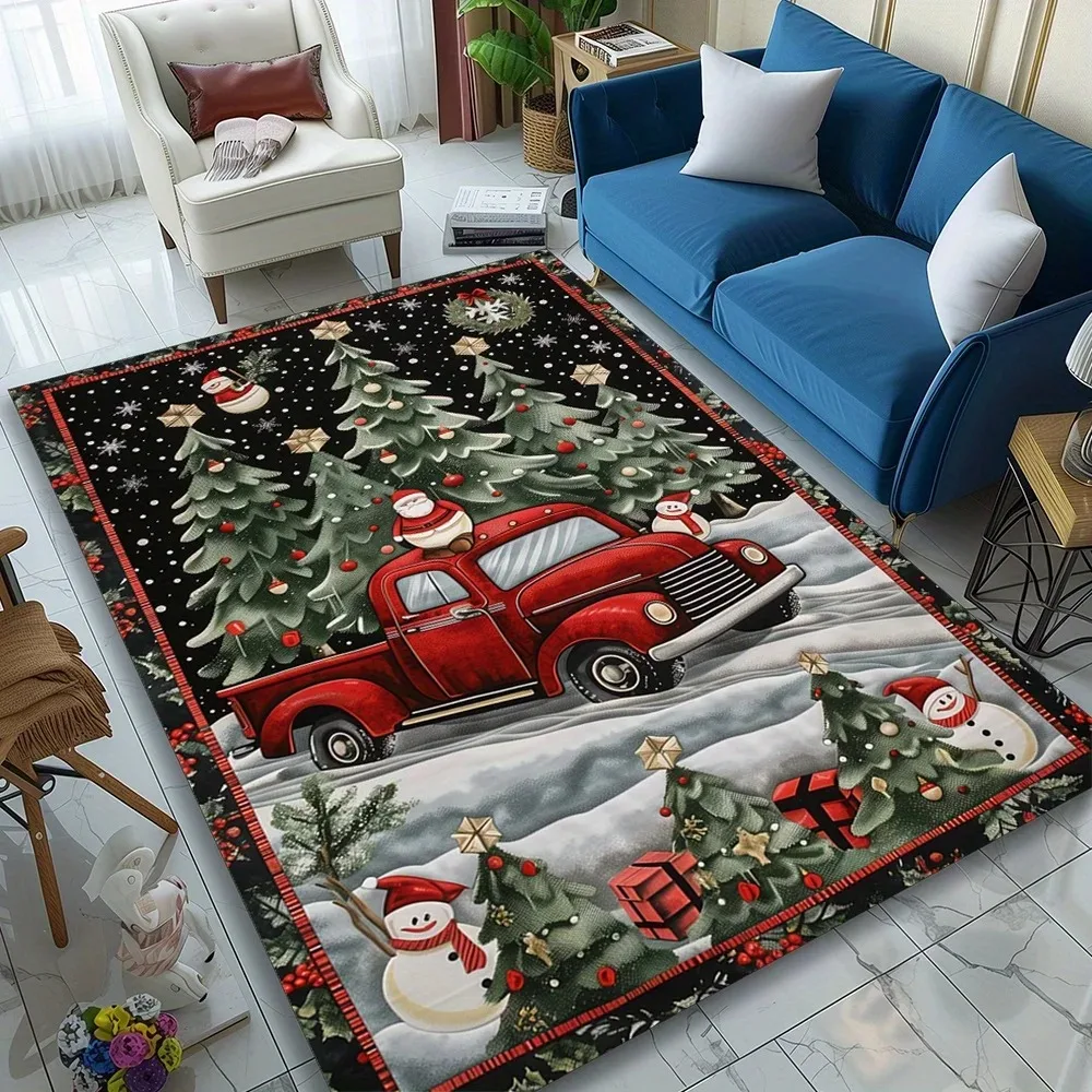 Exquisite Charming Snowman & Red Truck Area Rug - Soft Comfortable Polyester Carpet for Home Decor, Perfect Gift Idea Ornaments