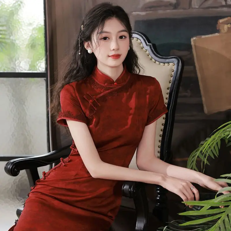 Wine Red Qipao Cheongsam 2023 Chinese Dress Women Classic Mandarin Collar Bridal  Evening Party Gown Young Girls Long Dress