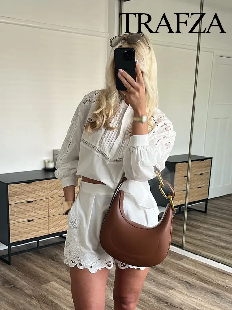 

TRAFZA Women 2 Piece Set Elegant Solid Hollow Embroidery Decoration O-Collar Blouses Top+Summer High Waist Pleated Chic Shorts