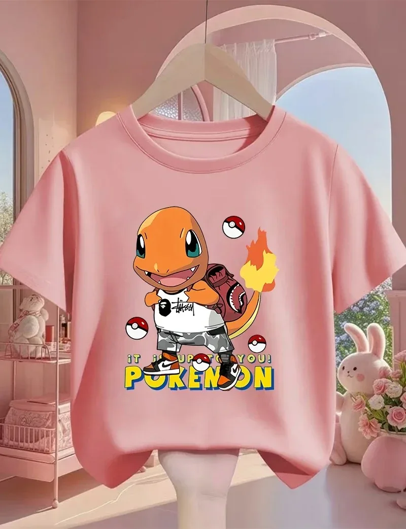 2026 New Street Cartoon Pokémon T Shirt 3-14Y Boys Girls Summer Cute Kawaii Fashion Hot Casual Crew Neck Children