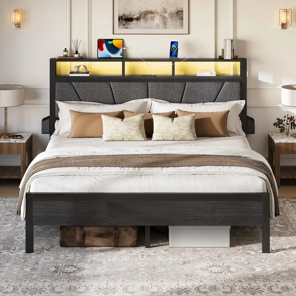 Queen Size Bed with LED Light & Charging Station, Upholstered, Metal Platform Bed with 2-Tier Storage, No Box Spring Needed, Eas