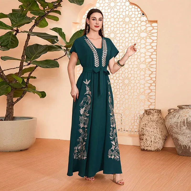 

Ramadan Embroidery Abayas for Women Short Sleeve Dubai Kaftan Islam Clothing Arabic Caftan Marocain Femme Musulmane Jalabiya New