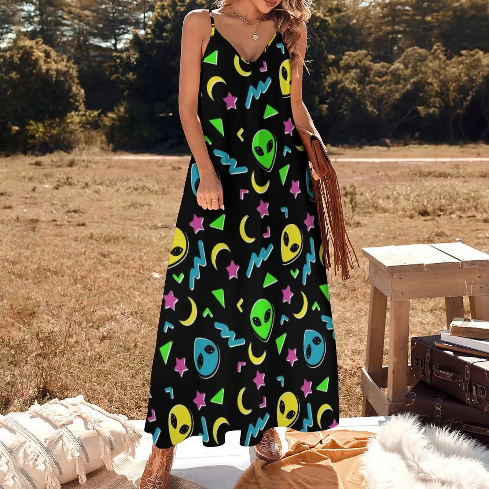 Alienígena geométrica dos anos 90 - vestido preto e neon sem mangas vestidos de baile 2025 vestidos femininos vestidos de luxo de verão vestido roxo