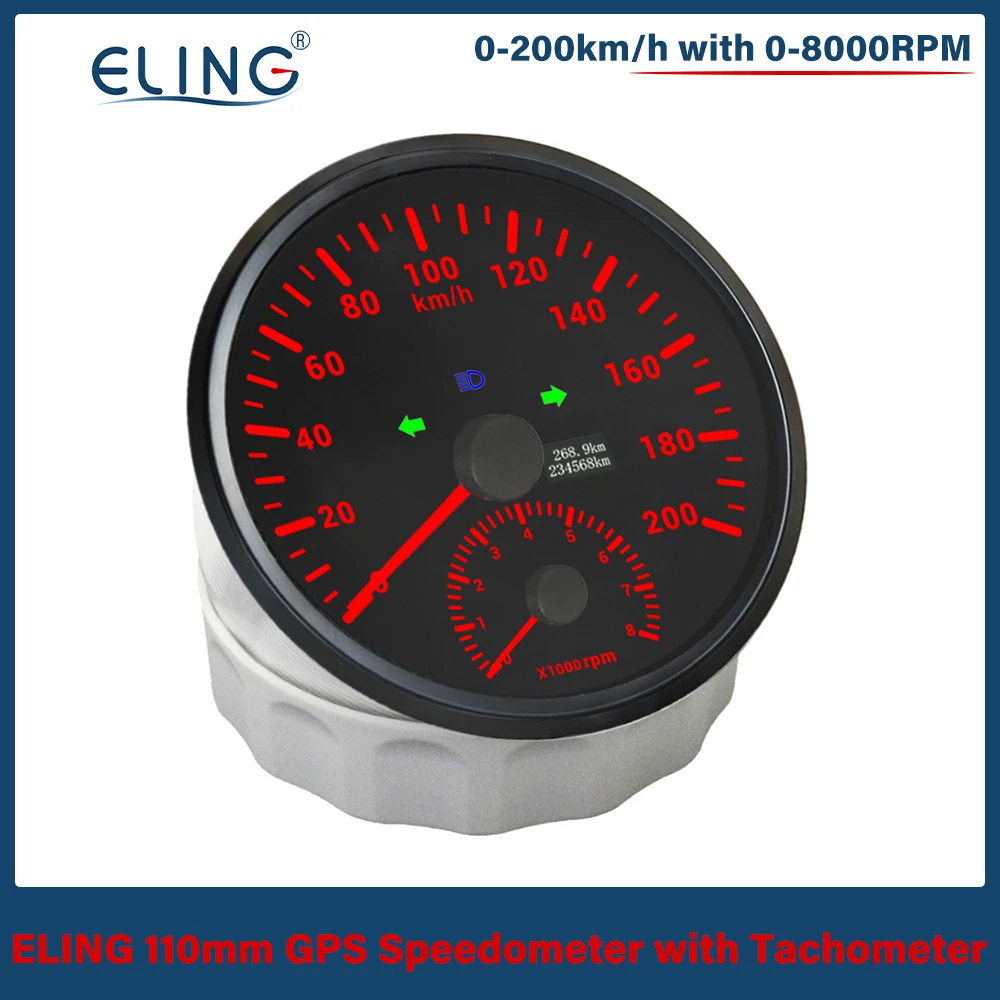 

ELING New Universal 110mm GPS Speedometer 0-200km/h with 0-8000RPM Tachometer with Red Backlight for Car Yacht Van Boat 12V 24V