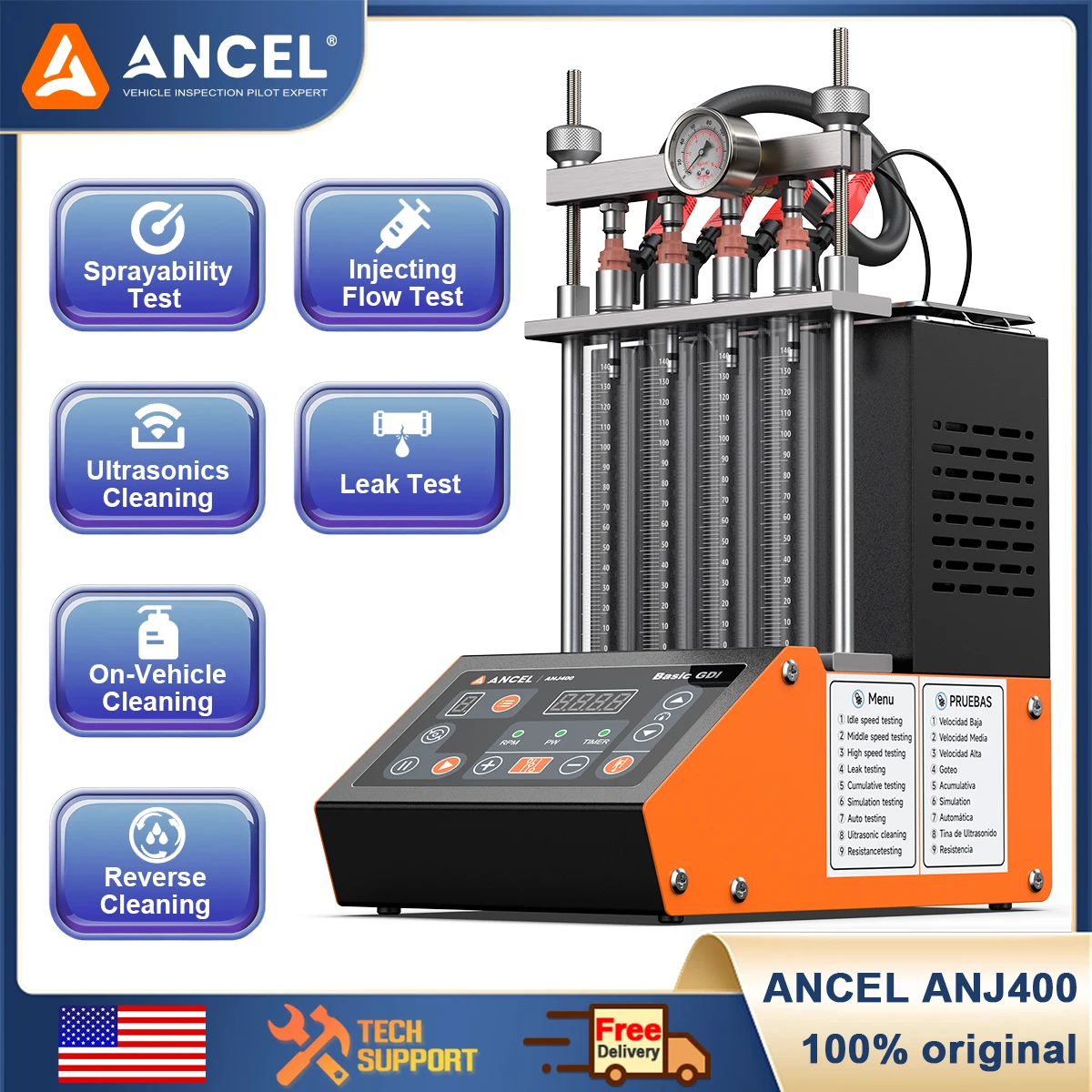

ANCEL ANJ400 Basic GDI Fuel Injector Cleaner Tester Auto Ultrasonic Injector Cleaning Machine 4 Cylinders EFI FEI Cleaner Test
