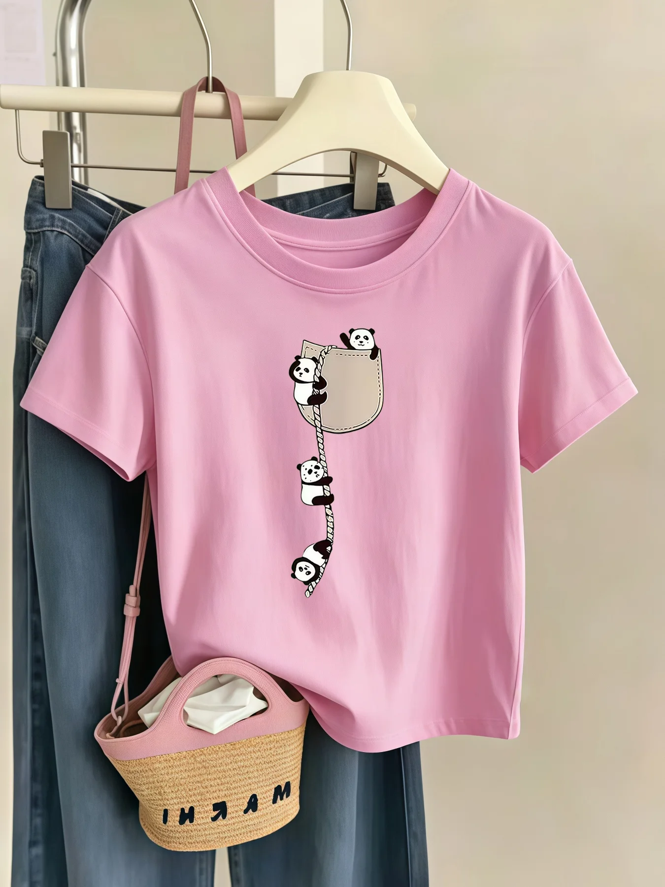 Kids Cute Pocket Rope Climbing Panda Cartoon Graphic Tee Boys Girls Family Matching Short Sleeve Animal Casual Everyday T Shirt