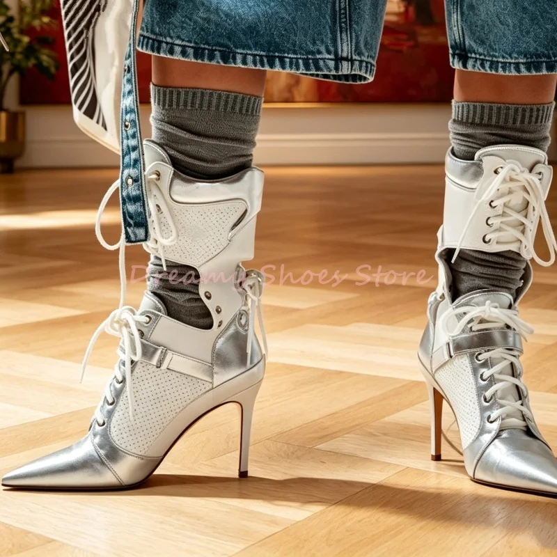 White Patchwork Mesh Cross Strap Pointed Boots Women Back Lace Up Hollow Mid Calf Boots Street Style Party Nightclub Summer Shoe