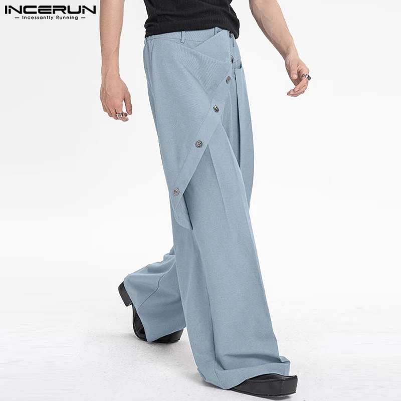 INCERUN Men Pants Solid Long Trouser Irregular Buttons Solid Color Oversized Wide Leg Pant Autumn Streetwear Casual Loose Pant