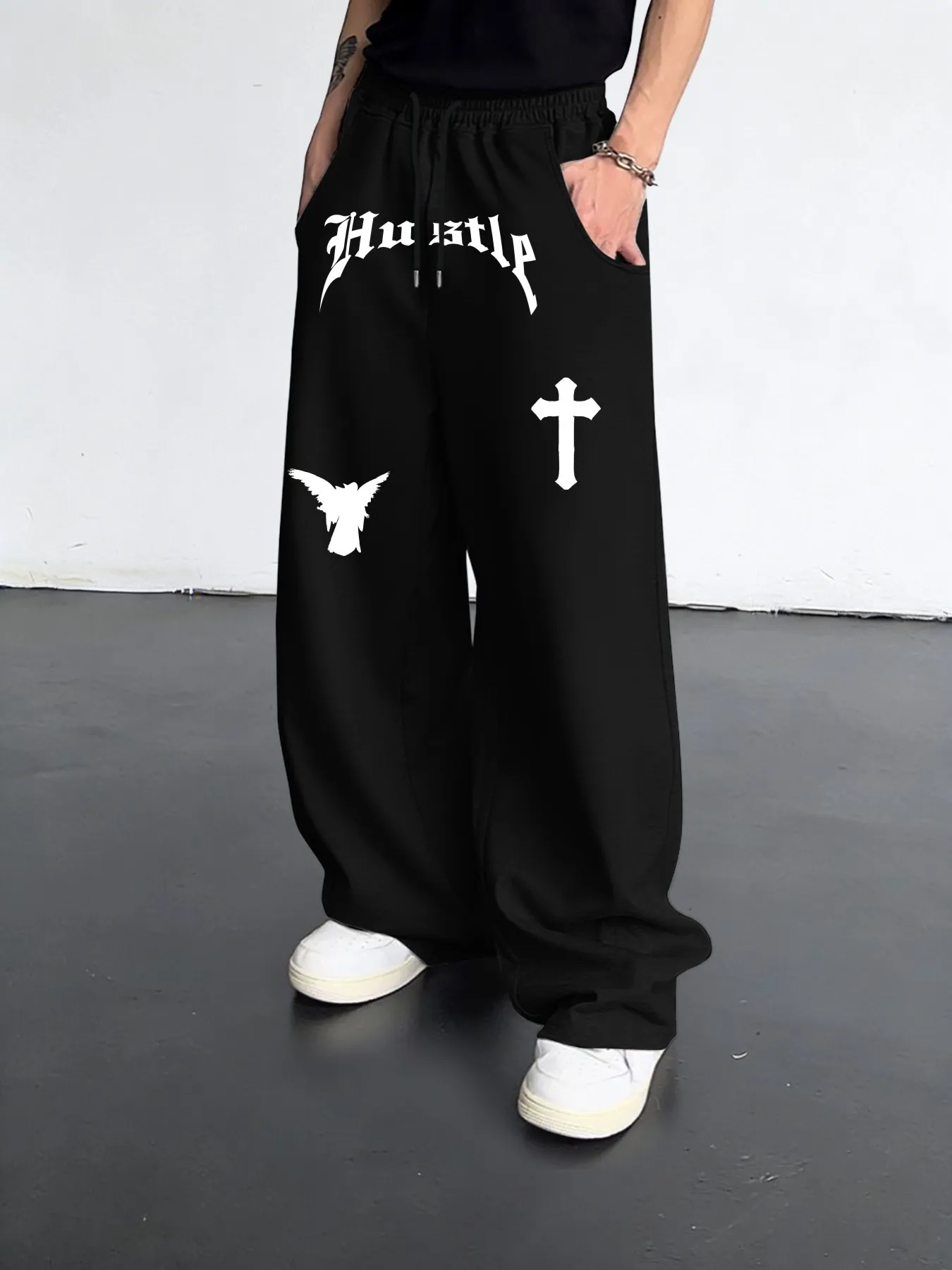 European Trend Hip Hop Graphic Print Men Straight Pants Cross Angel Letter Drawstring Wide Leg Joggers Loose Comfort Daily S-3XL