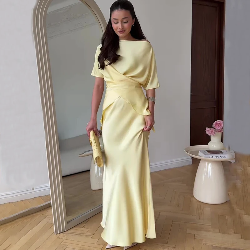 

Ticketsx Yellow Irregular Skirt Set Women's Lace Up Skew Collar Top High Waist Mermaid Skirt Set Lady 2025 Summer Sexy Skirt Set