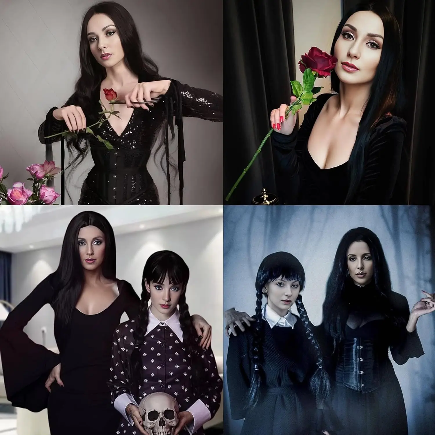شعر مستعار أسود طويل للنساء ، زي Morticia addams ، زي Cher ، شعر مستعار هالوين ، سحرة حزب 70s