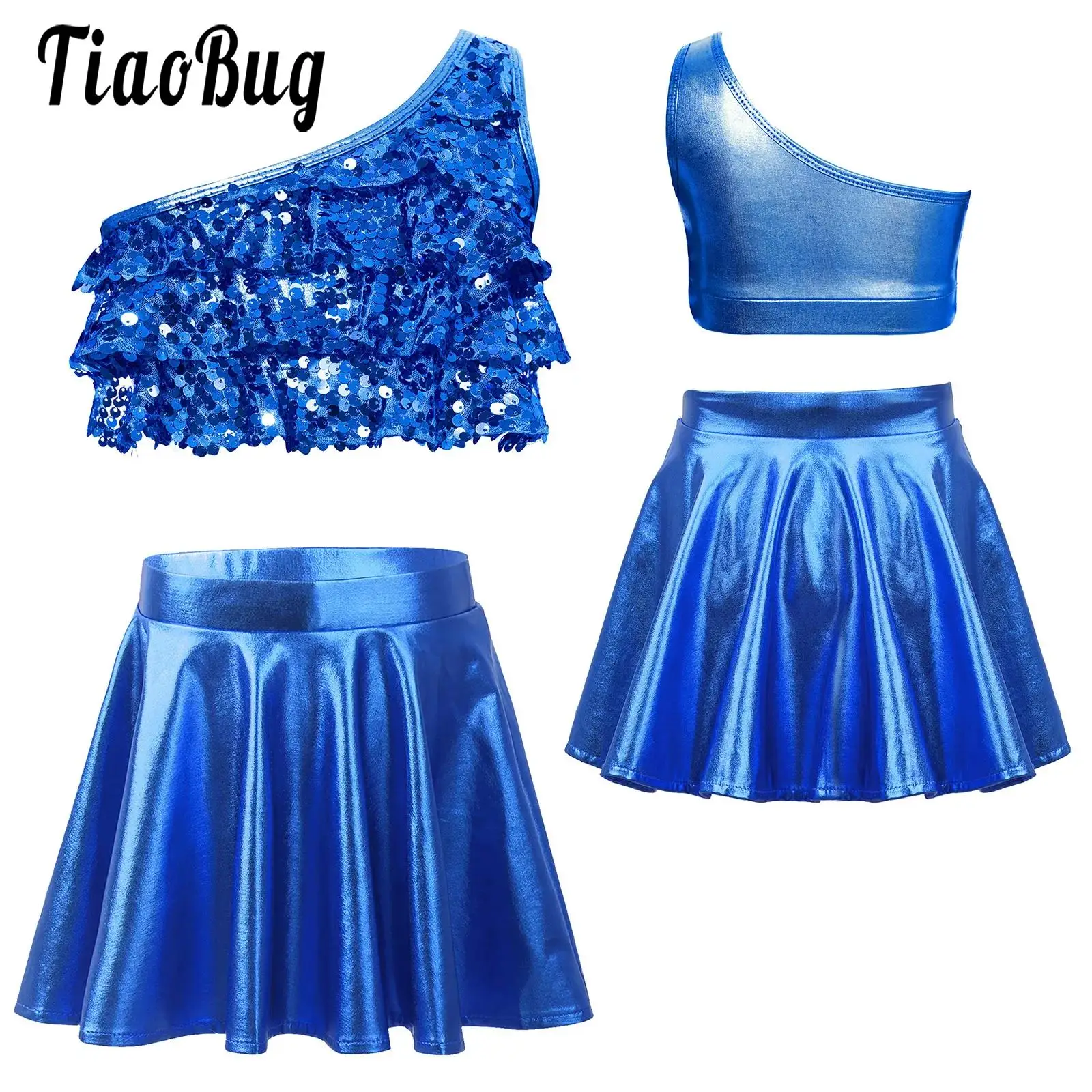 

Girls Dance Performance Costume Set Metallic Shiny Modern Street Dancewear Sequin Tiered Ruffles Crop Top Vest and Ruffled Skirt