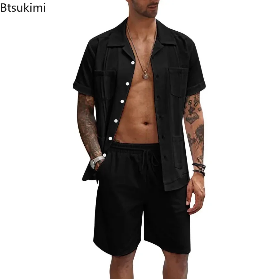 Summer New Men's Casual Sport 2 Piece Sets Fashion Cotton Linen Short Sleeve Shirt and Shorts Suit Men Loose Sport Shirt Outfits