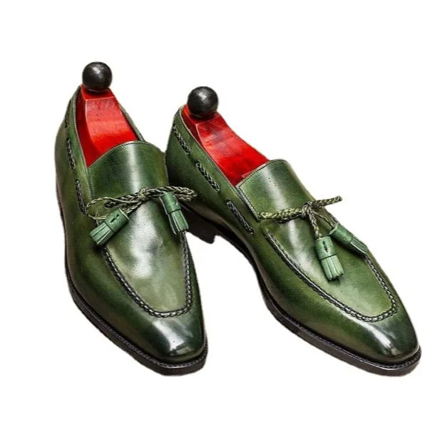 Foreign Trade Genuine Leather Autumn and Winter British Round Toe Men's Pu Green Tassel Men's Shoes