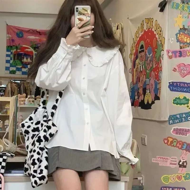 

Japanese Student Doll Collar Long Sleeved Shirt White Top Blouses for Women Fashion Roupas Femininas 2025 Blusas Mujer