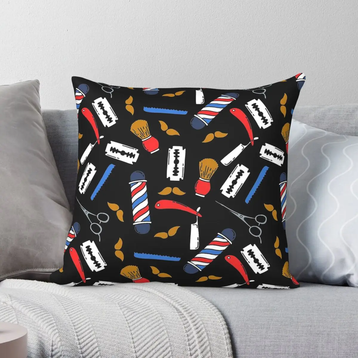 Barber Shop Tools Square Pillowcase Polyester Linen Velvet Pattern Zip Decorative Sofa Cushion Cover