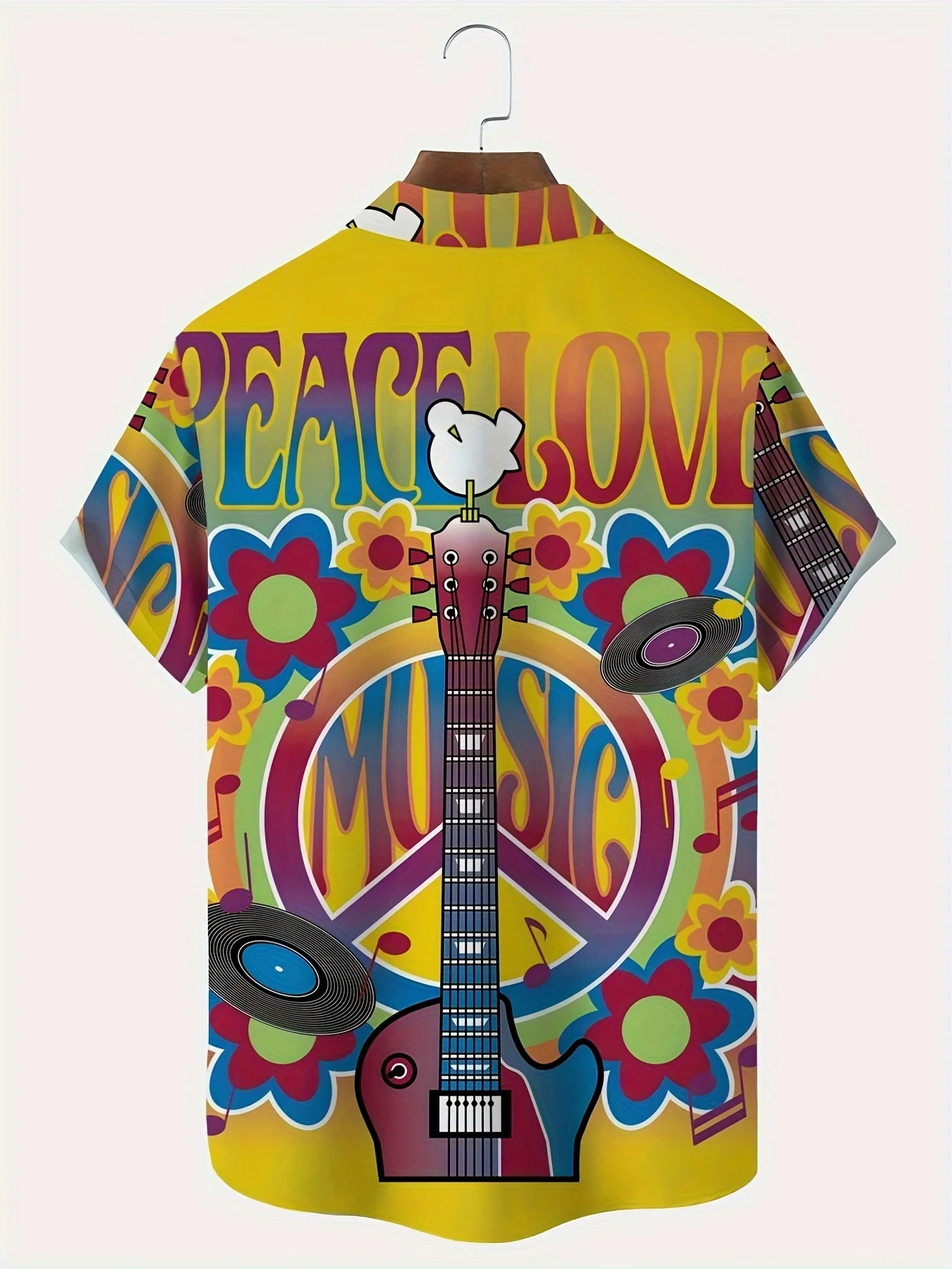 Hippie Shirts Peace Love Guitar Floral Music Print Loose Vacation Short Sleeve Lapel Tops Men Clothes