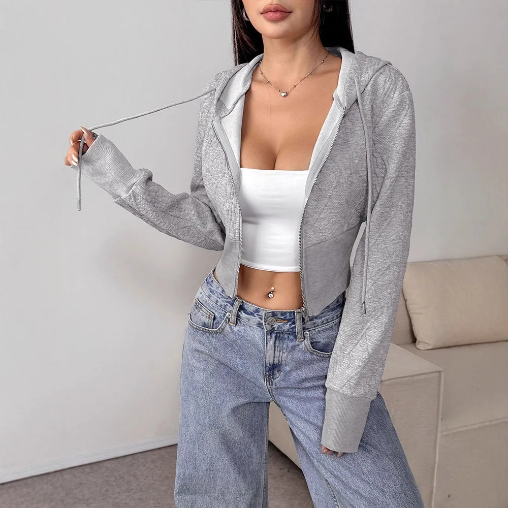 

New Women's Gray Cropped zip up hoodie Fashion Stylish Comfortable Age-Reducing Spring Autumn Casual Sporty Pullover Top