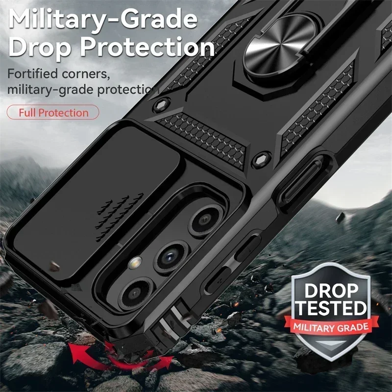 サムスンギャラクシーA255G電話ケース、スライドカメラ保護付き、6.44インチ、リングホルダー、鎧、背面カバー付き