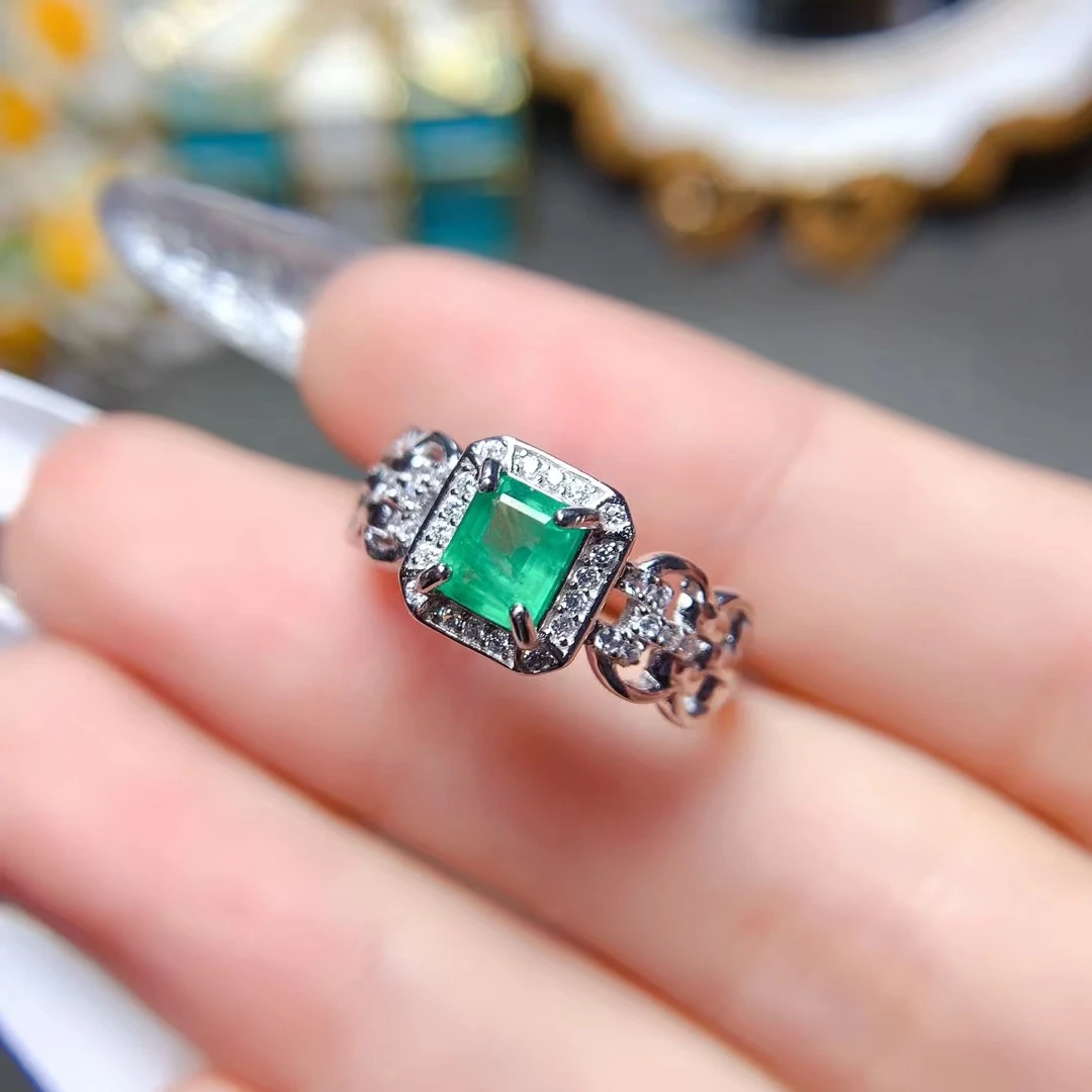 Fashion 925 Silver Chain Ring 5mm*6mm Natural Colombia Emerald Ring with Gold Plated Sterling Silver Emerald Jewelry